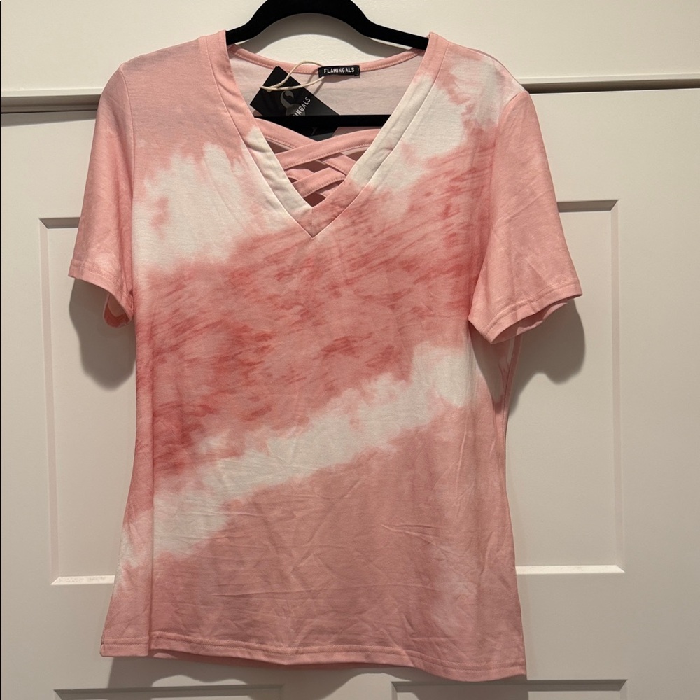 Flamingals Pink & White Tie-Dye Crisscross V-Neck Tee